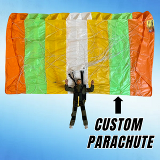 RC skydiver with custom color nylon parachute.