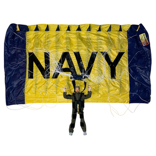 US navy leap frogs toy parachute displayed on white background.