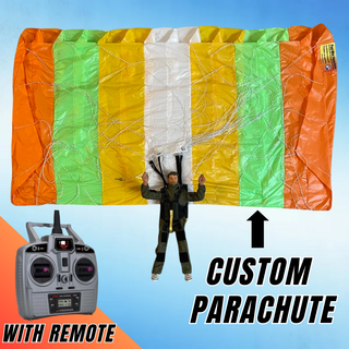 RC skydiver with custom color nylon parachute and remote.