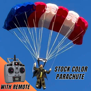 RC skydiver with remote flying under a USA flag nylon parachute.