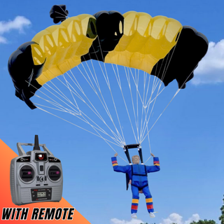 RTF RC skydiver in the air with a black and yellow parachute.