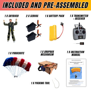 Radio controlled skydiver with parachute and accessories