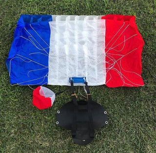 French flag toy parachute lying flat in the grass