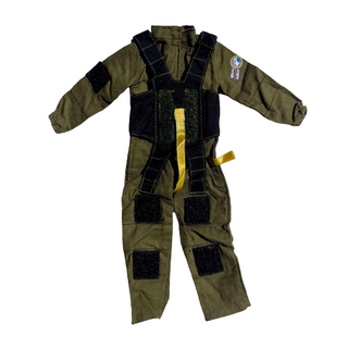 Paratrooper jumpsuit with black harness.