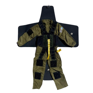 Paratrooper green jumpsuit with parachute container.