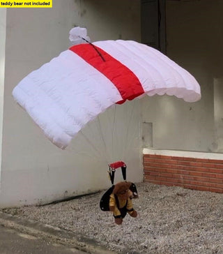 Teddy bear landing with base jumping parachute.